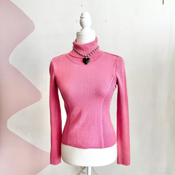 Vintage Y2K Pink Turtleneck Sweater 2000s Retro 90s Coquette Medium - Picture 1 of 5